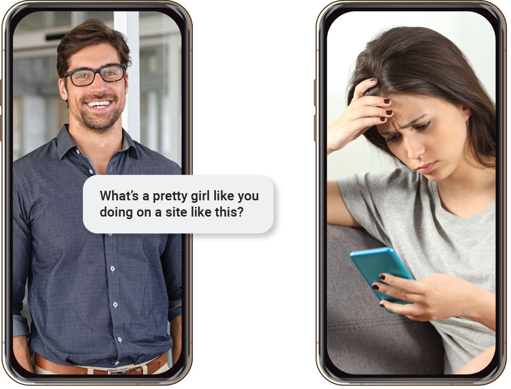 Woman and man on mobile screen with chat bubble in front of them 'What's a pretty girl like you doing on a site like this?.