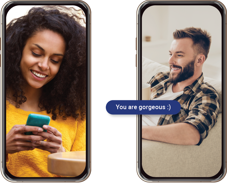 Woman and man on mobile screens - Man compliments woman calling her gorgeous.