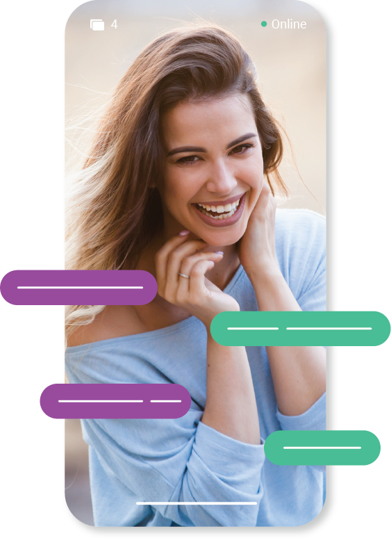 Woman on a mobile screen laughing with chat bubbles around her.