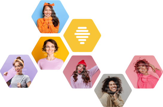 6 hexagons forming a honey-comb showing pictures of different women and 1 hexagon indicating the Bumble logo