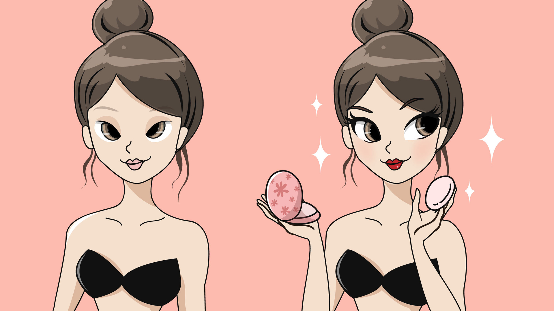 Brunette woman with her hair up in a bun wearing a black bra before and after she applies her makeup.