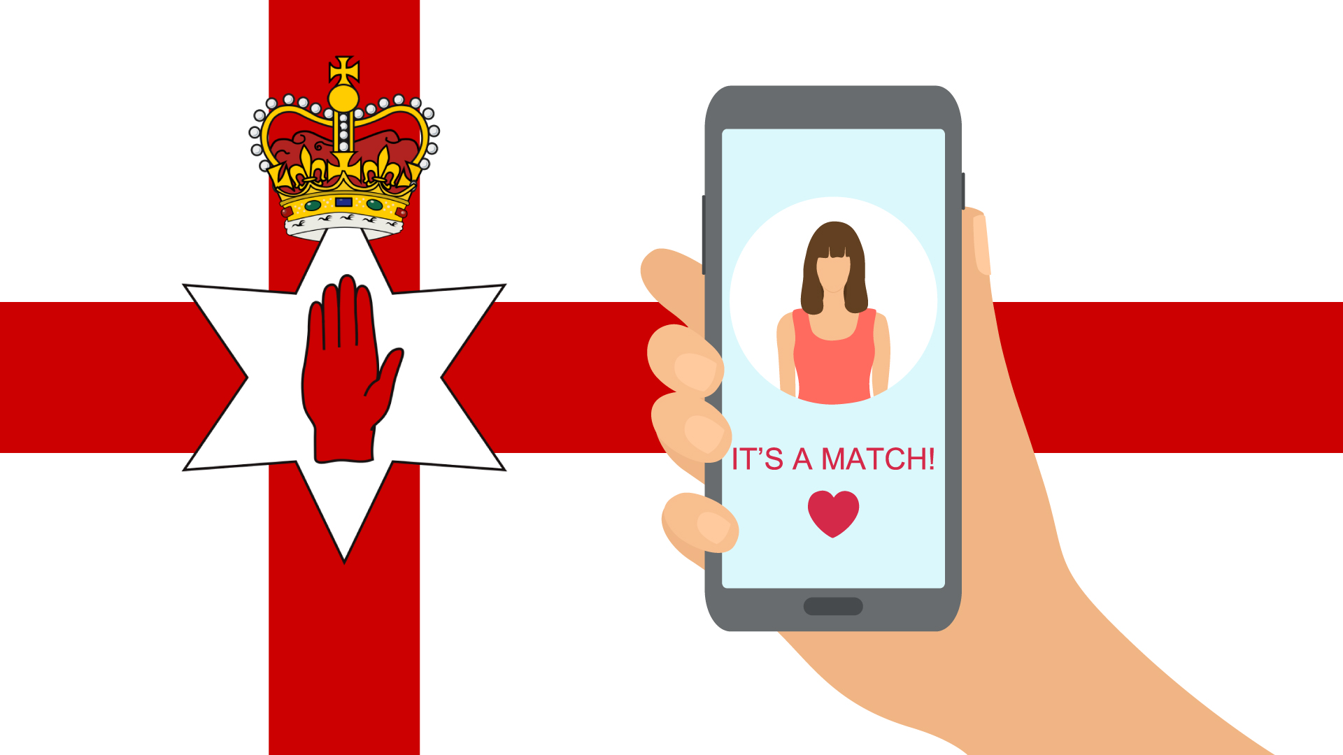 Cartoon hand holding phone in front of the flag of Northern Ireland. The screen shows a woman with the words "It's a match".