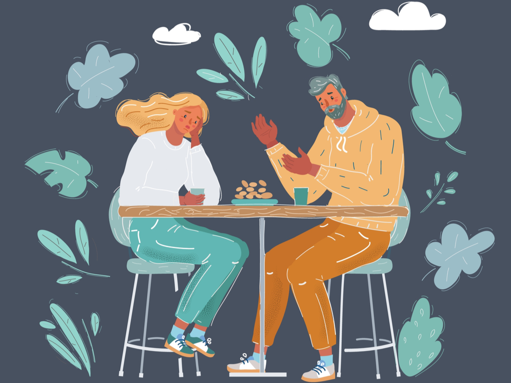 Man and woman on date, man talking to the woman, who is resting her head in her palm. Both surrounded by leaves and clouds.